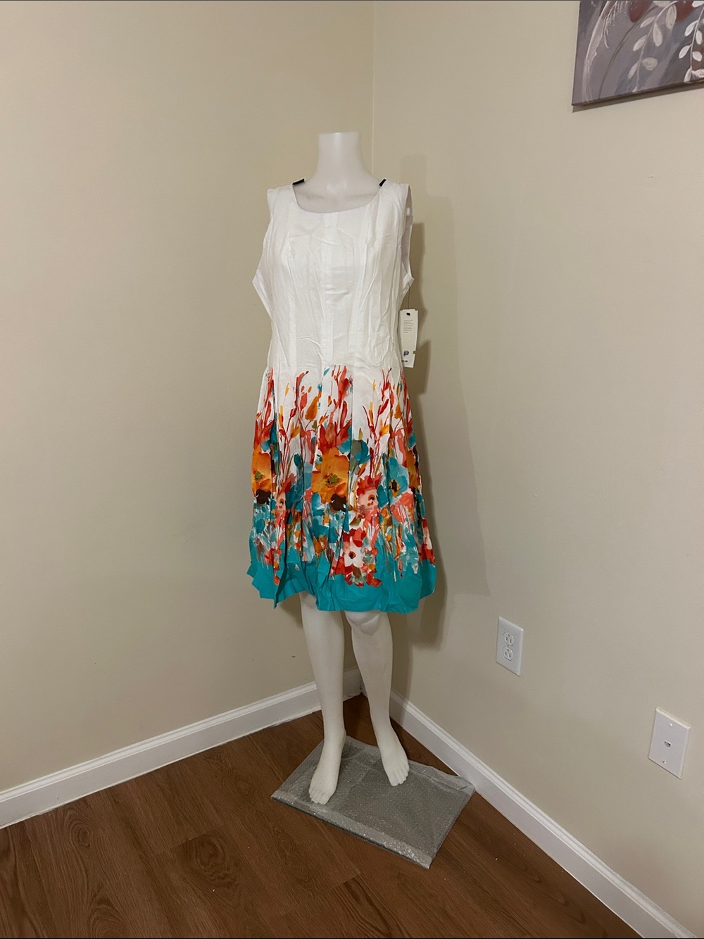 White Floral Sleeveless Sundress with Teal Hem